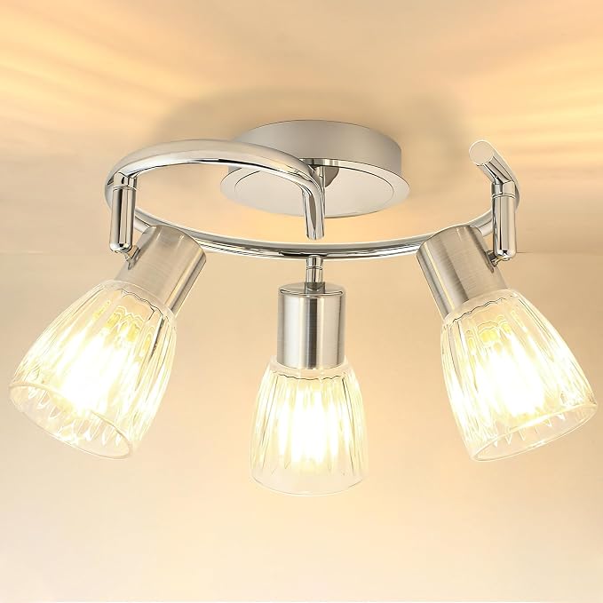 HiBay 3-Light Ceiling Light Fixture Adjustable Modern Chrome Track Lighting | with Glass Shades, Flush Mount Ceiling Spotlight Indoor for Kitchen, Bedroom, Living Room, E12 Base, No Bulbs