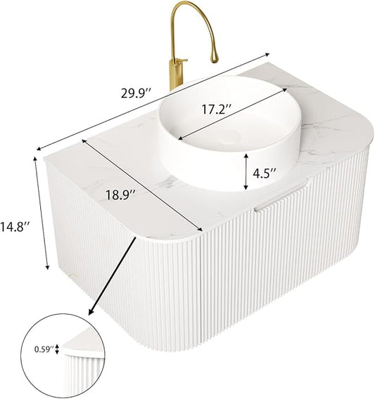 Yayzy 30" Floating Bathroom Vanity with Sink, Solid Wood Fluted Cabinet, White Round Ceramic Basin & Faux Marble Top, Soft-Close Drawer, Pre-Assembled, White