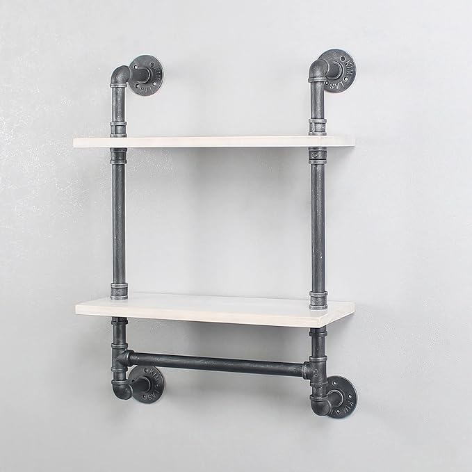 Industrial Pipe Shelf Bathroom Shelves Wall Mounted,19.6in Rustic Wood Shelf with Towel Bar,2 Tier Farmhouse Towel Rack Over Toilet,Pipe Shelving Floating Shelves Towel Holder,Retro White
