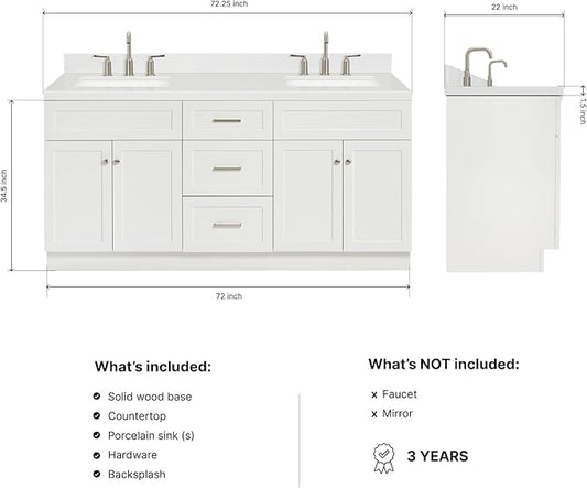 DKB Bradford 72 Inch Bathroom Vanity Double Sink — White Bathroom Vanity with Sink, 1.5" Edge Carrara White Countertop & Backsplash, 4 Soft-Close Doors, and 3 Dovetail Drawers