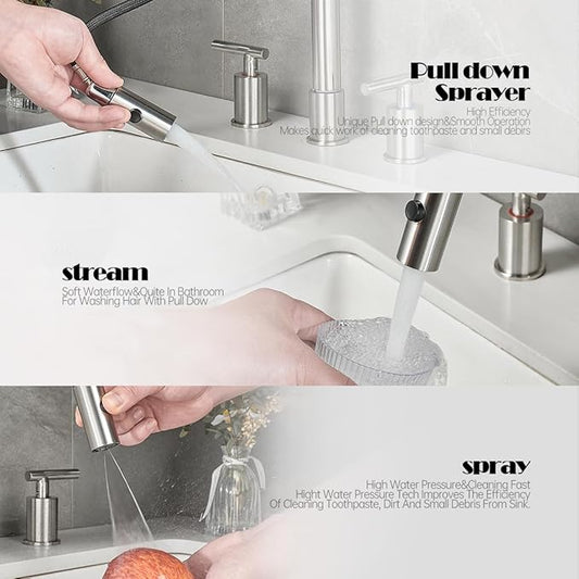 Brushed Nickel Pull Down Bathroom Faucet with Pop-up Drain, 8 inch Widespread Bathroom Faucet 3 Hole with Pull Down Sprayer 2 Modes, 8'' Brushed Nickel Bathroom Faucet with Supply Lines