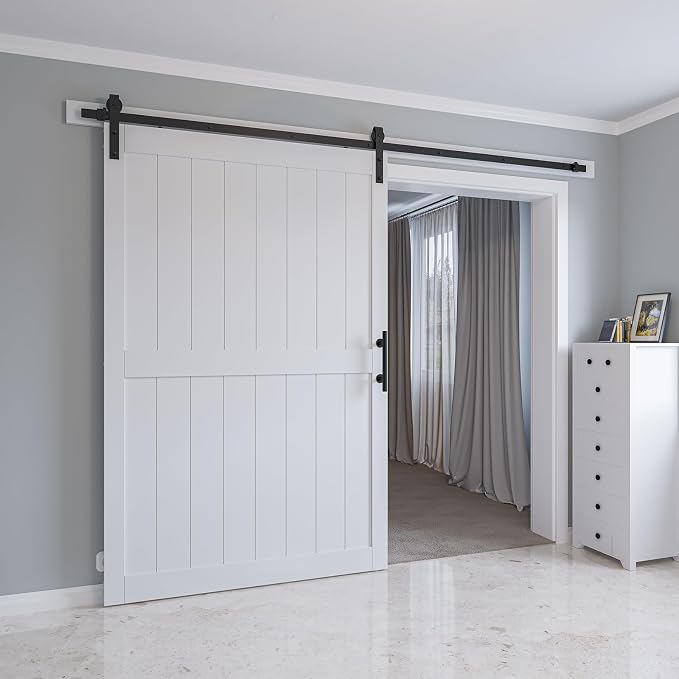54in x 84in MDF Sliding Barn Door with 9ft Barn Door Hardware Kit & Handle | White Solid Barn Door Slab Covered with Water-Proof PVC Surface, Pre-Drilled Holes Easy Assembly, H-Frame