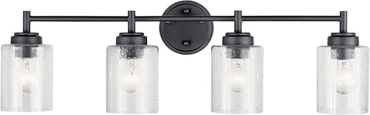Kichler Winslow 30" 4-Light Vanity Light in a Rich Black with Clear Seeded Glass for Bathroom and Powder Room Vanity, Luxe Industrial Style, (30" x 9.25"), 45887BK