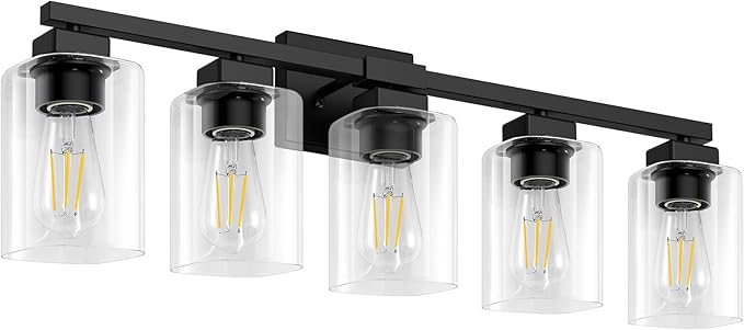 31” Bathroom Light Fixtures Over Mirror,5-Light Black Vanity Light | Square Clear Glass & Durable Metal, Quick & Easy Installation, Standard E26 Socket, Bright Bathroom Lighting