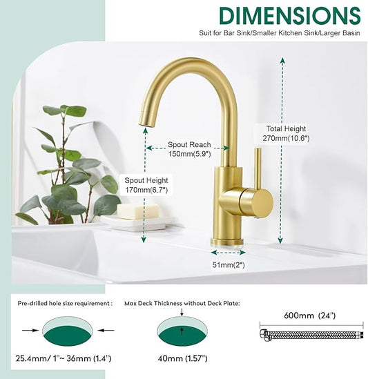 CREA Bar Sink Faucet Single Hole,Brushed Gold Faucets for Large Bathroom Basin/Small Kitchen Sink,Stainless Steel with Deck Plate,Prep Wet Bar Lavatory Vanity Outdoor