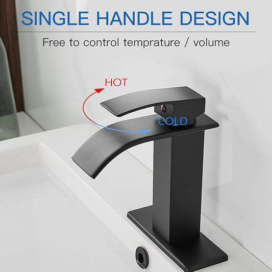 BWE Matte Black Bathroom Faucet Modern Waterfall Single Hole Faucet for Bathroom Sink Single Handle with Pop Up Drain with Overflow Assembly and Supply Line Lavatory Bath Faucet
