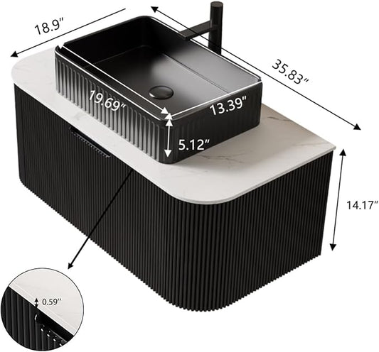 Yayzy 36" Floating Bathroom Vanity with Sink, Solid Wood Fluted Cabinet, Black Fluted Square Ceramic Basin & Faux Marble Top, Soft-Close Drawer, Pre-Assembled, Gloss Black