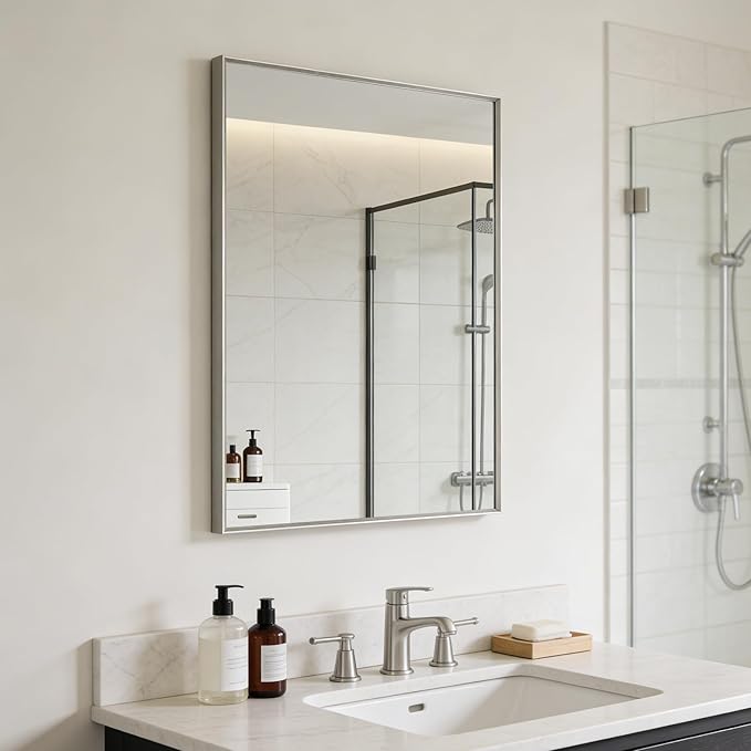 Bathroom Mirror for Wall, 30x20 Inch Framed Vanity Mirror Brushed Nickel | Rectanglar Metal Beveled Framed Mirror for Over Sink, Tempered Glass, Anti-Rust, Hangs Horizontally or Vertically