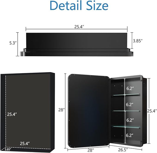 Bathroom Medicine Cabinet,28"x28" Square Mirror Door with Stainless Steel Frame,Recessed & Surface Wall Cabinet with Glass Shelves, Rust-Resistant Bathroom Storage Cabinet