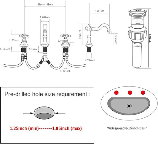 GGStudy 2 Handles 3 Holes Faucet Widespread Bathroom Sink Faucet Brushed Nickel Basin Tap Mixer Faucet Matching Pop Up Drain