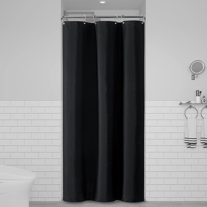 Stall Linen Textured Waterproof Cloth Shower Curtain Set, 36x72, Black | Small Size, 230GSM Polyester, Heavy Duty Fabric, Weighted Hem, 6 Plastic Hooks, Modern Luxury Hotel Style, Machine Washable