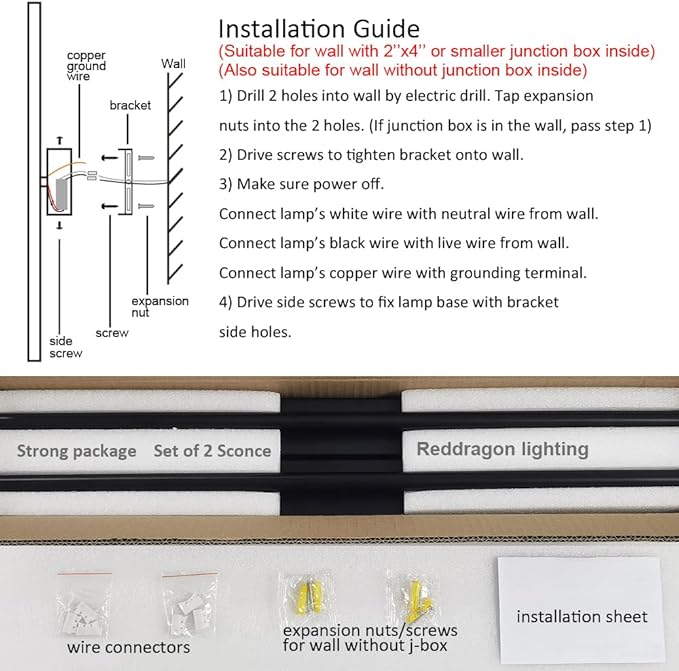 Only Suitable for Small Junction Box Set of 2 Hardwired Dimmable Long Black Tube Wall Sconce Linear Vanity Wall Light for Bathroom Bedroom Living Room Hallway (2 Pack, 32'', Black, Dimmable)