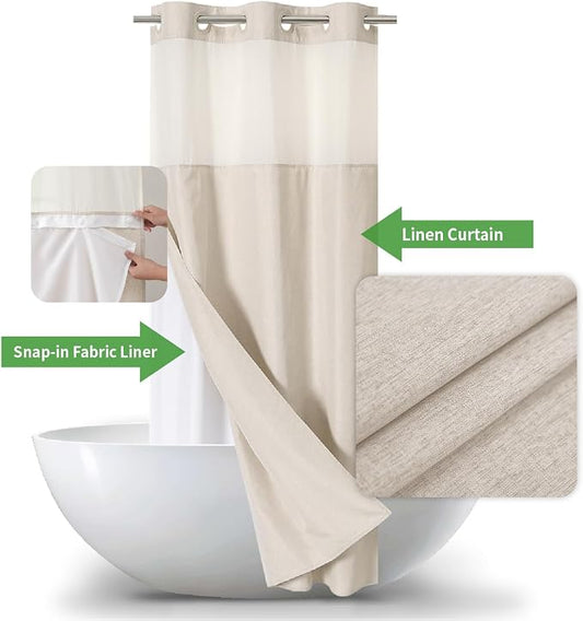 eachope No Hook Linen Texture Shower Curtain with Snap-in Liner,36x74 Cream | 230GSM Thick Fabric,Hotel Luxury Decor,Mesh Top Window,Waterproof & Machine Washable,for Shower Stall or Bathroom