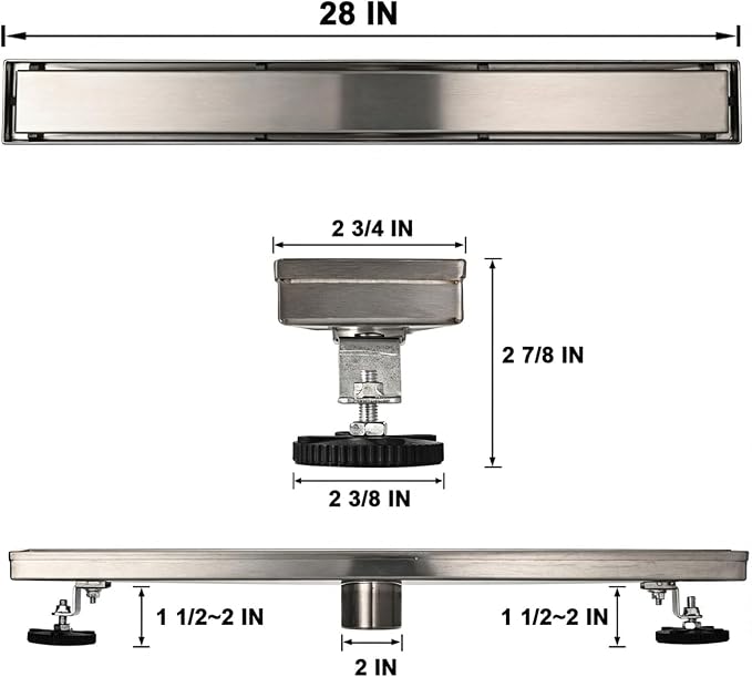 Linear Shower Floor Drain, 28 Inch Brushed Nickel 304 Stainless Steel Bathroom Drains Kit, Rectangular Shower Trench Drain with Reversable Tile-in Pattern Drain Cover & Hair Catcher