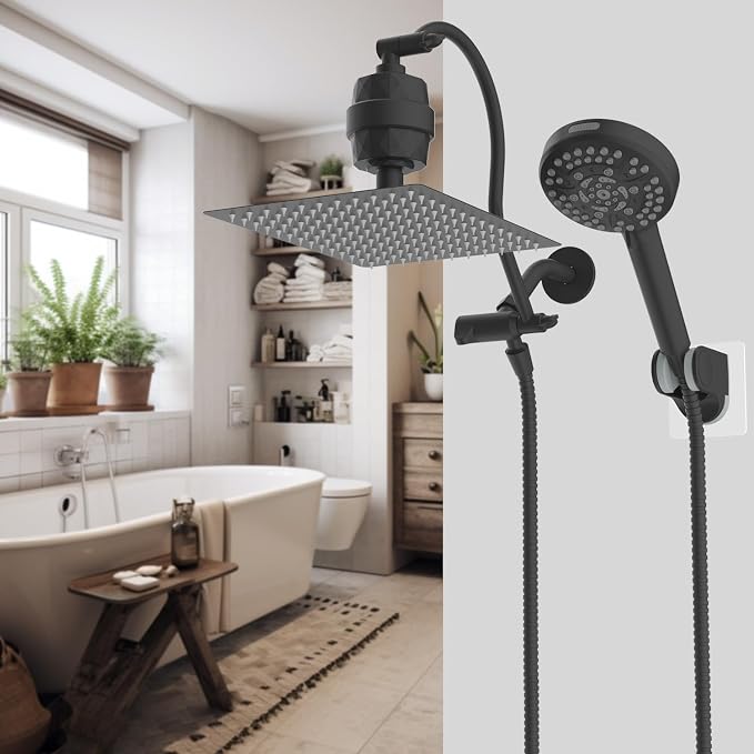Hibbent All Metal 12'' Dual Filtered Rainfall Shower Head Combo, High Pressure Handheld Shower Head with 12'' Adjustable Curved Extension Arm, 20 Stage Shower Filter, 10-spray, 71'' Hose, Matte Black