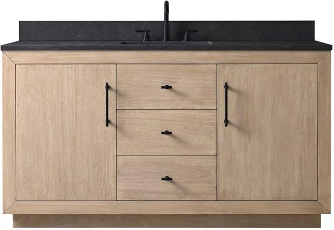 Vanity Art 60" Bathroom Vanity with Sink, Vanity Cabinet with Doors and Shelf, Modern Wood Bathroom Vanity with White Marble Top, Solid Wood Frame, 3 Functioning Drawers,VA70-60-SLW-E