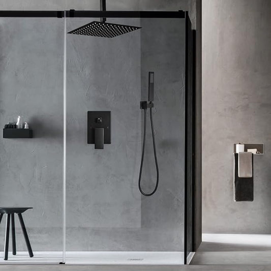 12 Inch Ceiling Mount Matte Black Shower System Bathroom Luxury Rain Mixer Shower Combo Set Ceiling Rainfall Shower Head System (Contain Shower Faucet Rough-in Valve Body and Trim Kit)
