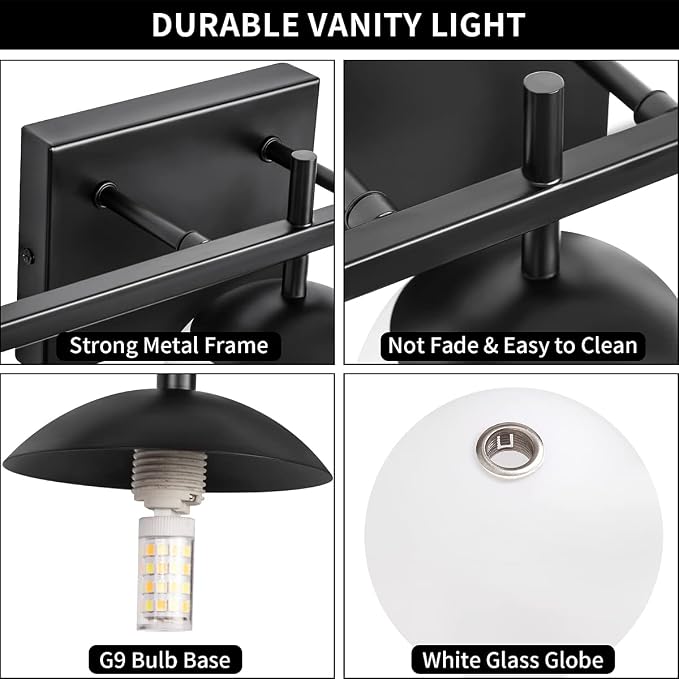 Modern Bathroom Light Fixtures Over Mirror, Black Vanity Lights Milky Glass Globe Bathroom Lighting Fixtures 3-Light Wall Sconces Light for Living Room Dining Room