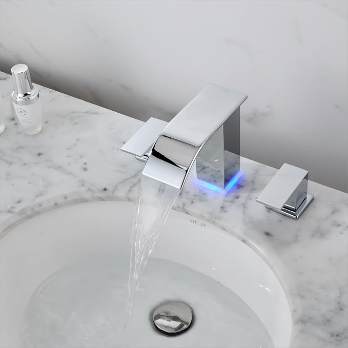 LED Bathroom Faucet 3 Hole, Chrome Waterfall Bathroom Faucets, 8 Inch Widespread Modern Bathroom Sink Faucet & Parts, Wide Spread Touch On Three Hole 2 Handle 3 Piece Bathroom Vanity Faucet