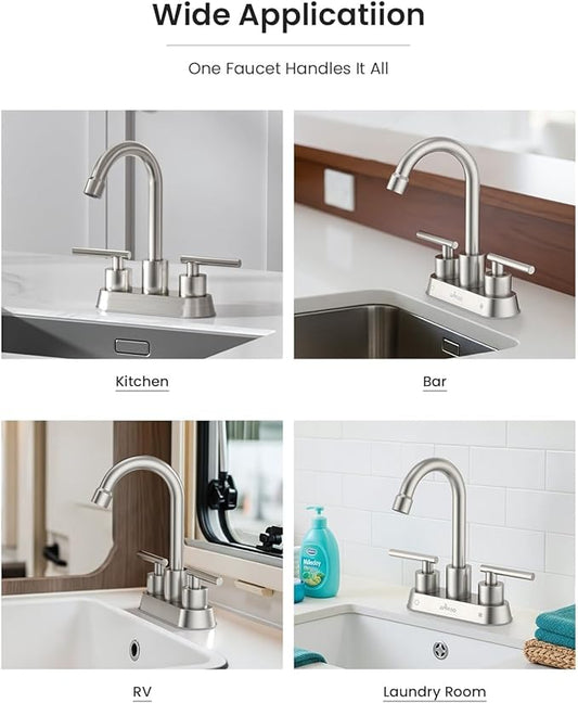 APPASO Bar Sink Faucet 4 Inch Centerset, 2 Hole Brushed Nickel with Dual Handles, 2 Handle Bathroom Faucet Small, Stainless Steel for Wet Bar Bathroom Utility Laundry Room Sink 2-Hole or 3 Holes