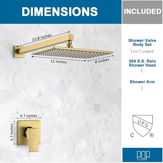 Shower Faucet Set Brushed Gold Bathroom Rainfall 12 Inch Shower Head and Handle Set Wall Mounted Shower System Single Function Shower Fixture, Include Shower Valve and Trim Kit