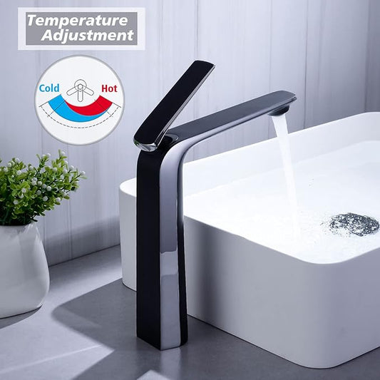 TOCALOCA Tall Bathroom Basin Faucet Matte Black and Silver Chrome, Bathroom Vessel Sink Faucet Brass, Single Handle One Hole Vanity Sink Mixer Tap Faucet for Blow Sink Lavatory, Hot and Cold Water