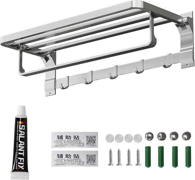 90°Foldable Towel Rack for Bathroom, 23 Inch Wall Mounted Towel Holder with Shelf & 5 Hooks, Rustproof Space Aluminum Towel Bar, Hotel, Kitchen, Laundry, Silver