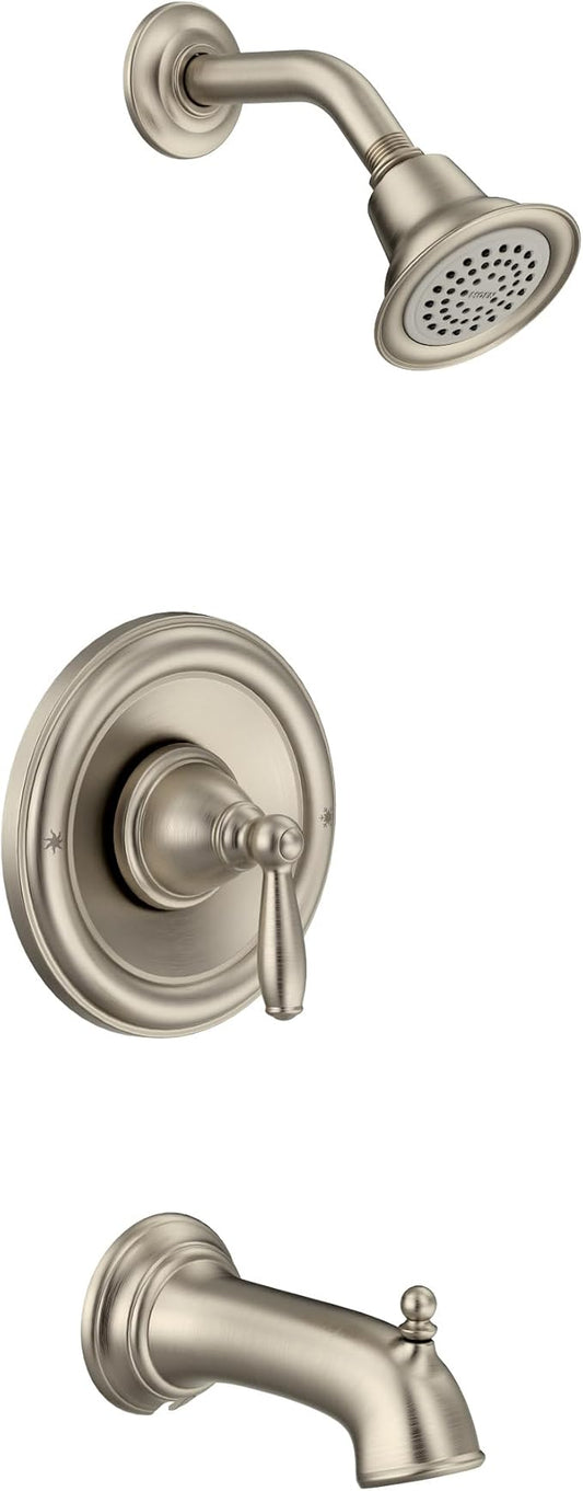 Moen Brantford Brushed Nickel Posi-Temp Pressure Balancing Eco-Performance High-Pressure Shower Trim Kit with Showerhead, Lever Handle, and Tub Spout (Valve Required), T2153EPBN