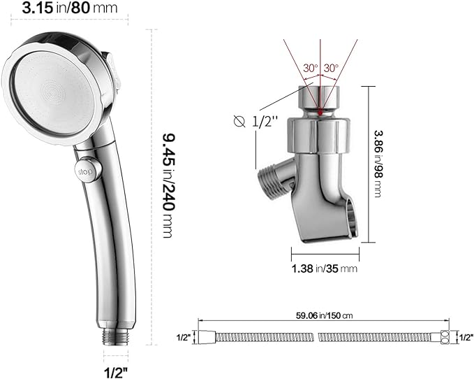 High Pressure Handheld Shower Head with ON/OFF Pause Switch | 3 Spray Modes Shower Wand with Shut Off Button, Camper & RV Showerhead with Hose & Angle Adjustable Bracket, Chrome Finish