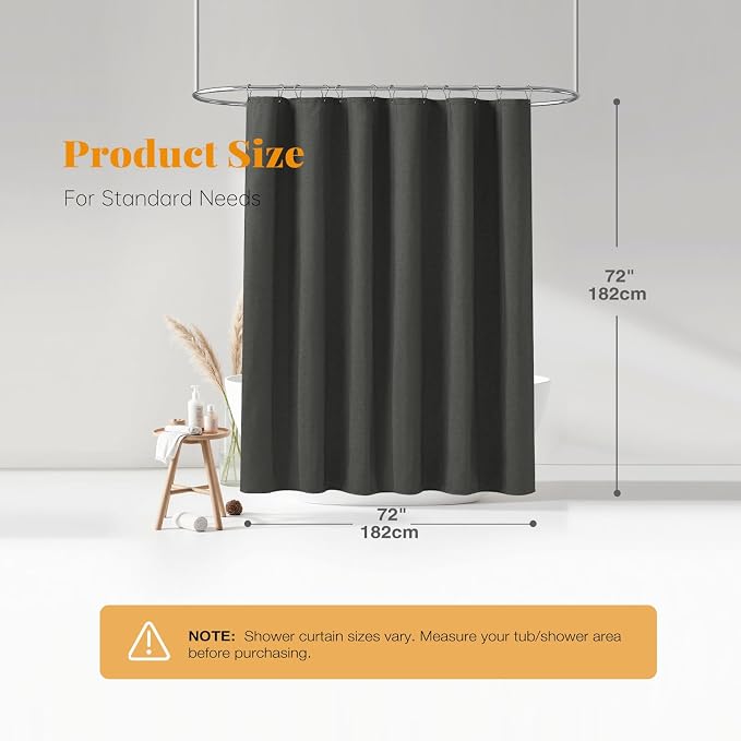 Charcoal Grey Linen Textured Waterproof Fabric Shower Curtain, 72x72 | 230GSM Polyester, Heavy Duty Cloth, Weighted Hem, 12 Plastic Hooks, Modern Hotel Style, Machine Washable, Bathroom Decor