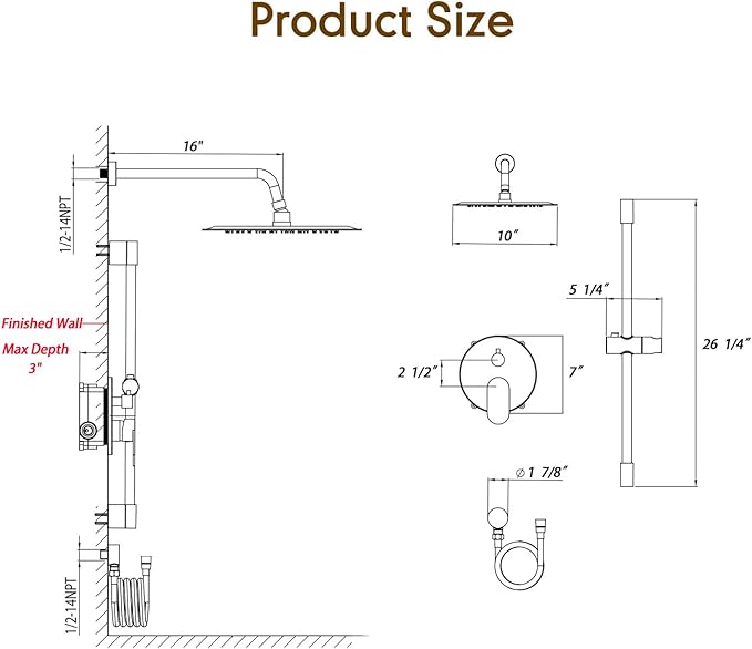 Gabrylly Shower System Brushed Nickel, Slide Bar Shower Faucet Set with High Pressure 10" Rain Head and 5-Setting Handheld Spray, 2 Way Pressure Balance Valve Trim Kit