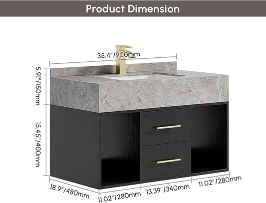 homary 35.4" Floating Bathroom Vanity with Sink, Modern Wall-Mounted Vanity Bathroom Cabinet with Sintered Stone Countertop, Undermount Sink & Black, 2 Open Storage Shelves