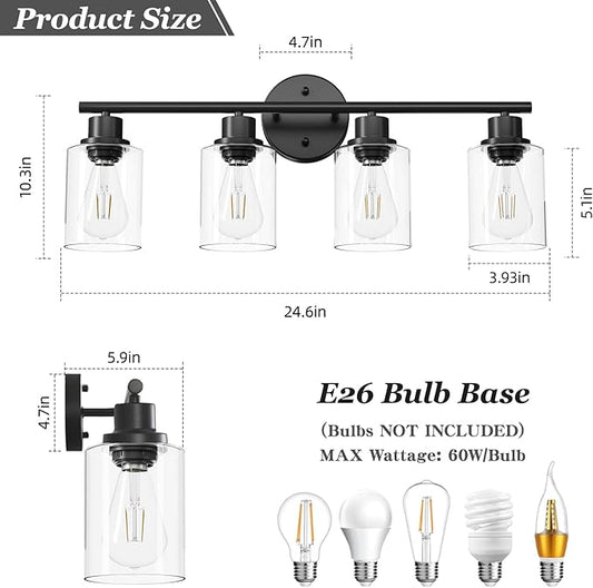 4-Light Black Bathroom Light Fixtures, E26 Modern Vanity Lights for Bathroom with Clear Glass Shade, Wall Lamps for Mirror Hallway Kitchen Cabinet Living Room Sconces Lights