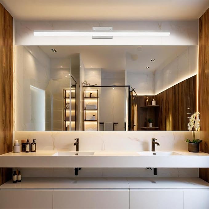 48-Inch Modern LED Bathroom Lights Fixtures, Dimmable 48W 6000K Cool White Makeup Vanity Lighting, Brushed Nickel Vanity Light, Adjustable Bathroom Light Bar Over Mirror