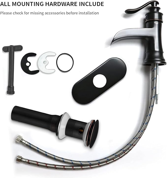BWE Bathroom Sink Faucet Oil Rubbed Bronze Waterfall with Pop Up Drain Stopper Assembly Water Supply Hose Rustic Lead-Free Lavatory Vanity Bath Black Farmhouse Faucet Single Handle Mixer Single Hole
