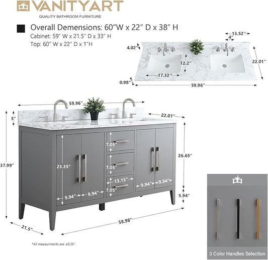 Vanity Art 60 inch Bathroom Vanity with Double Sink & Ceramic Top, Vanity Cabinet with Soft-Closing Doors, Drawers, Solid Wood Frame, Cashmere Gray,VA9060-DG-MB1