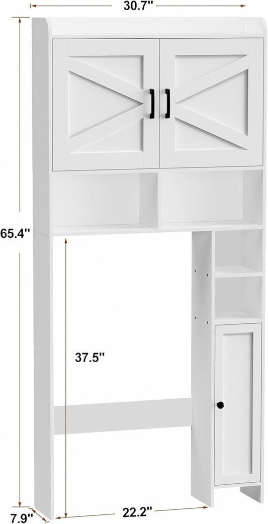 Homhedy Over The Toilet Storage Cabinet with 2 Barn Door and Toilet Paper Holder Stand, FreeStanding Toilet Shelf Space Saver, for Bathroom, Restroom, Laundry, White