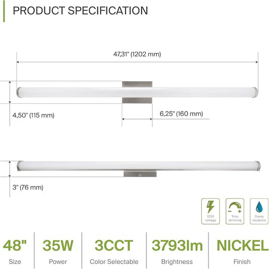 ASD 48" LED Linear Vanity Light Fixture, Modern Bathroom Sconce — 3 Color 3000K-5000K, Dimmable, 35W 3800LM, Energy Star & ETL Listed — Over Mirror Makeup Slim Bar for Bedroom, Cabinets — Nickel