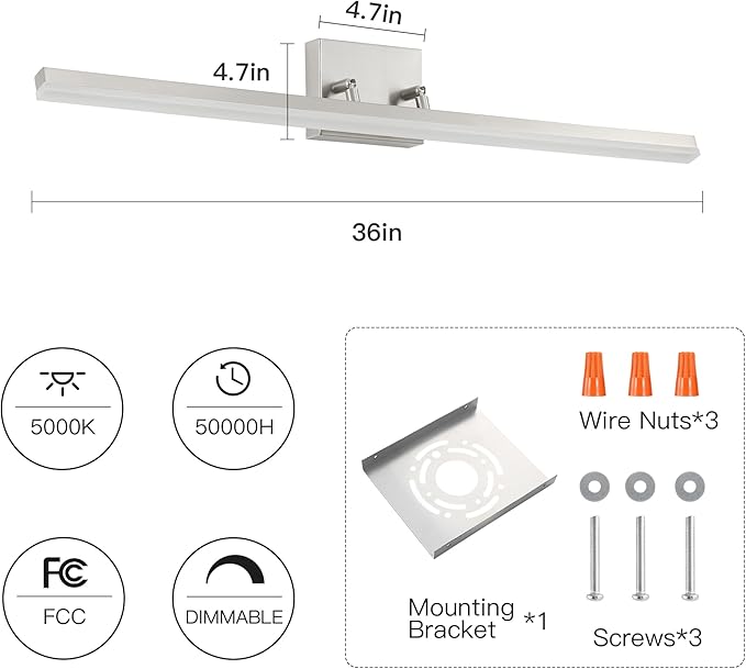 36in LED Vanity Light, 36W 2500LM Modern Brushed Nickel Adjustable Bathroom Light Fixture Over Mirror, Dimmable Light Bar 5000K Cool White