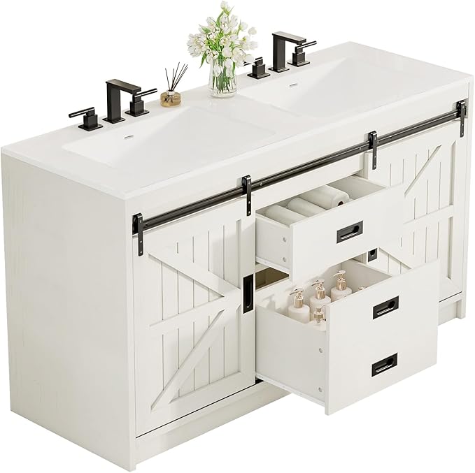 AMERLIFE 61" Farmhouse Double Bathroom Vanity with Sink Combo, Dual Basin Bathroom Storage Cabinet with Sliding Barn Doors & Drawers, Large Double Bath Vanity Sink Set, Rustic White