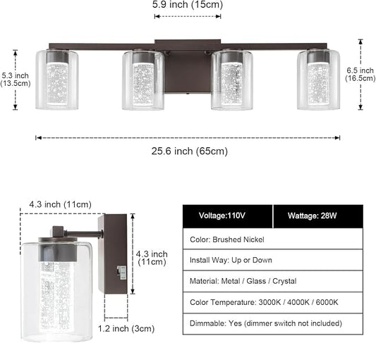 SineRise 4-Light Bronze Vanity Light with 3 Color Modes (3000K/4000K/6000K), Eye Protection LED Bathroom Light Fixture, Dimmable Modern Wall Light Over Mirror with Clear Glass Shade