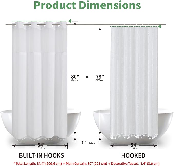 eachope No Hook Long Shower Curtain Set with Snap-in Fabric Liner,Linen Ultra Thick Fabric with Tassels,Boho Chic Modern Farmhouse Country Neutral Cloth Shower Curtains for Bathroom,White,71x80 | 330GSM Thick Linen Textured Striped,Boho Farmhouse Rusti...
