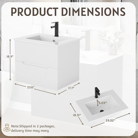 EROMMY 24 Inch Bathroom Vanity with Sink, Floating Bathroom Vanity with Ceramic Basin, Wall Mounted Bathroom Sink Cabinet Set with Soft-Close 2 Drawers, Faucet & Pop Up Drain, White