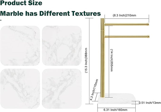 Hand Towel Holder, F-Shape Hand Towel Stand with Marble Base, Stainless Steel Swivel Hand Towel Rack Bar Standing for Bathroom Kitchen Countertop, 2 Arms (Gold)