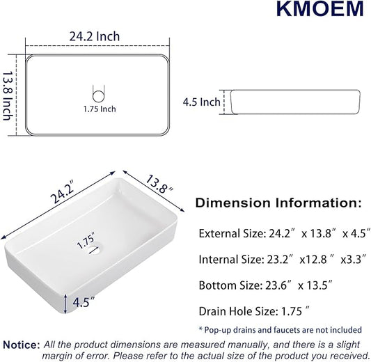 Vessel Sink 24"x14" Rectangular Bathroom Sink Modern White Porcelain Ceramic Above Counter Drop-in Vanity Sink for Bathrooms Art Basin