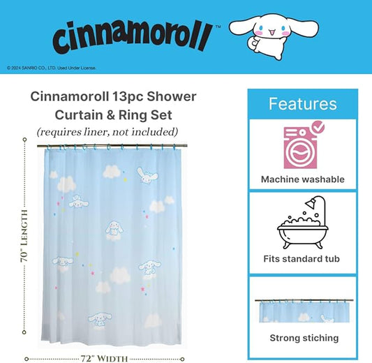 Cinnamoroll 13-Piece Shower Curtain Set, 72 x 72 Inch Fabric Curtain with Hooks, Bathroom Decor, Machine Washable, (100% Officially Licensed Product) by Franco Collectibles