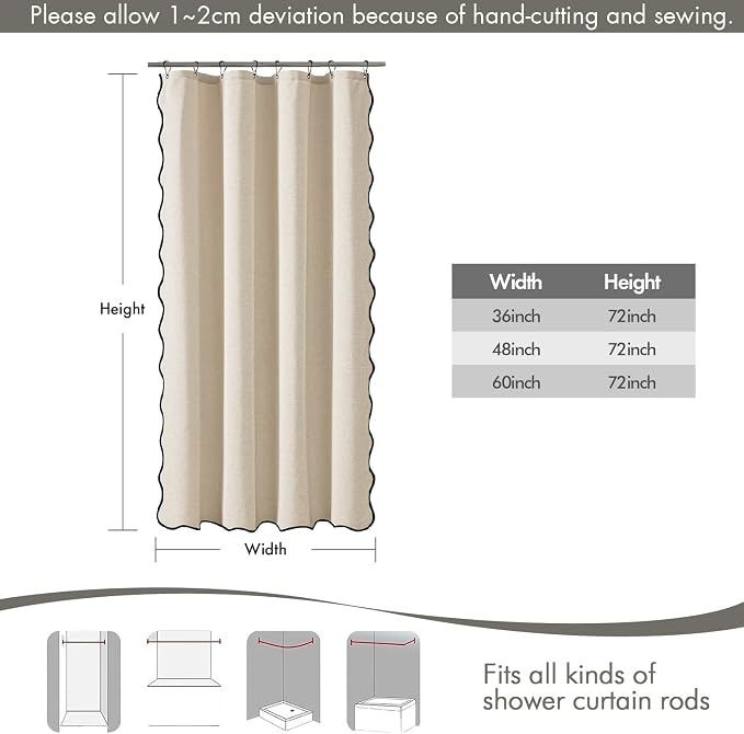 MIULEE Cream Scalloped Linen Shower Curtain 48x72 Inches | Linen Textured, Waterproof, Washable, 8 Metal Hooks, Heavy Duty Cloth, Black Border, Shower Curtain for Bathroom Bathtub