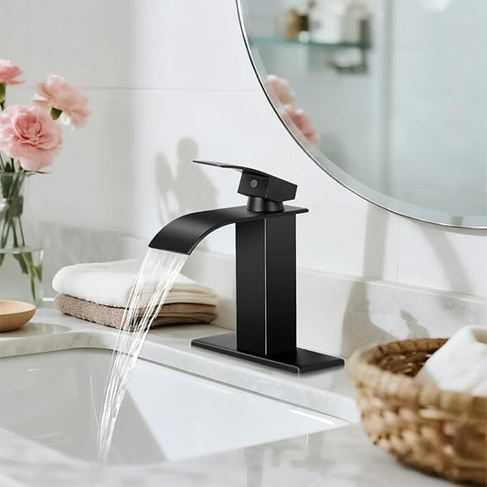 Matte Black Bathroom Faucets, Waterfall Bathroom Sink Faucet Single Handle Bathroom Faucet for 1 or 3 Hole, Mixer Tap Vanity Faucet with Deck Plate, Pop-up Drain and Supply Hoses