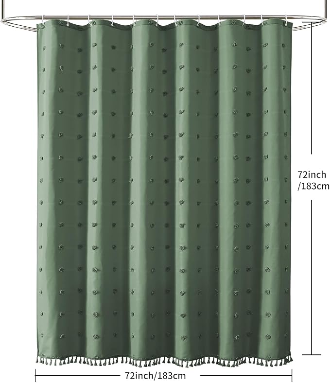 LilyCat Dark Green Boho Tufted Floral Shower Curtain with Tassel, 72" x 72" | Waterproof Boho Fabric Shower Curtain Set with Hooks, Cute Rustic Vintage Bathroom Décor, Minimalist Cloth Bathroom Curtain