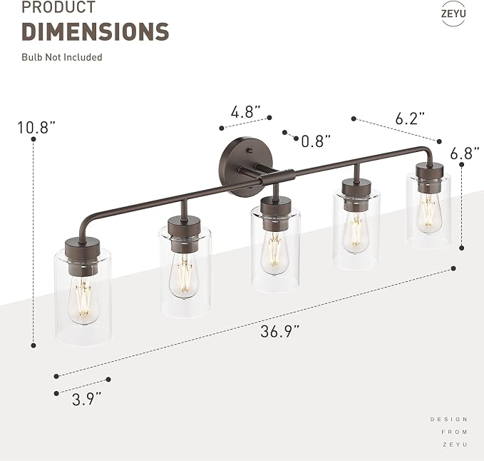 zeyu Oil Rubbed Bronze 36.9-Inch 5-Light Bathroom Wall Light, ZS62B-5W ORB | Oil Rubbed Bronze Vanity Wall Light, 36.9-Inch 5-Light Design, Clear Glass Shades, Hardwired, Up/Down Mount, ETL Listed